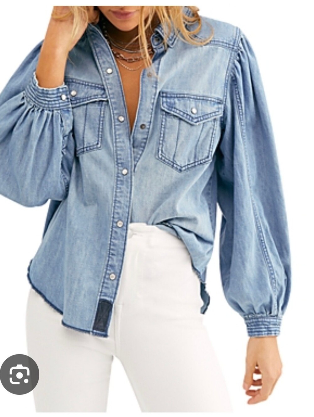 Free People Light Denim Puff-Sleeve Button Down Shirt